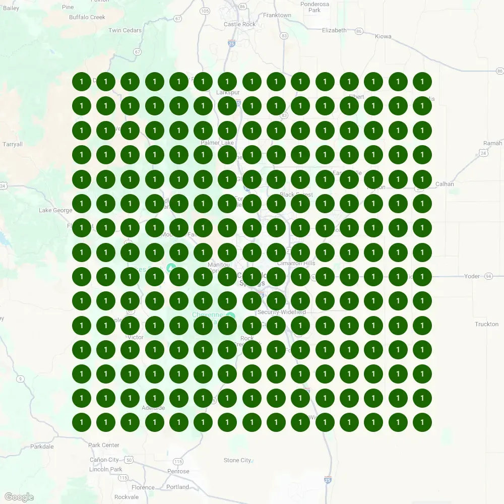 Google Maps rank grid for 'epoxy garage floor' across a 25-mile radius of Colorado Springs, January 2025: position 1 at every grid point